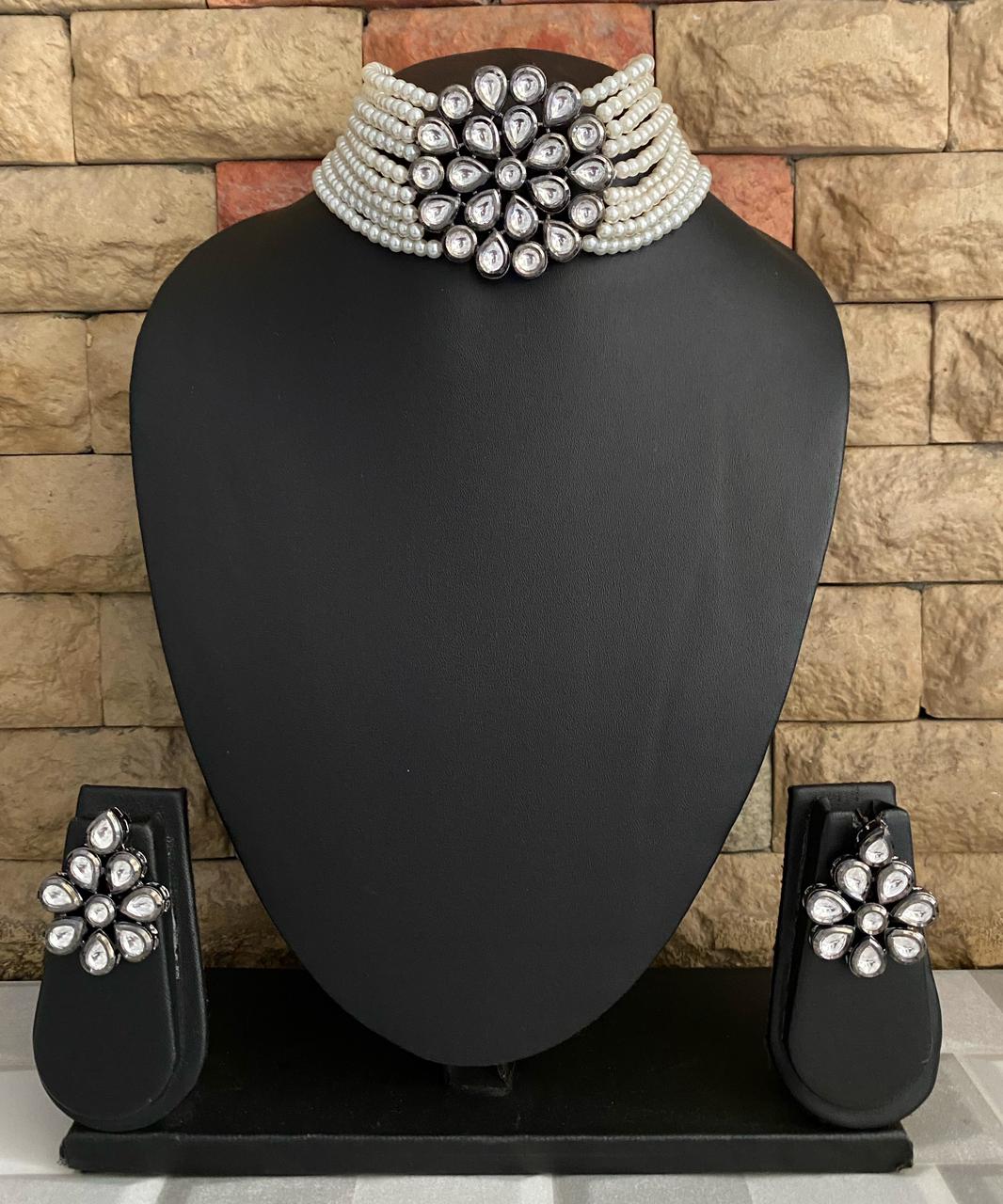 Oxidised Kundan With Pearls Choker Necklace Set Handcrafted For Ladies Choker Necklace Set