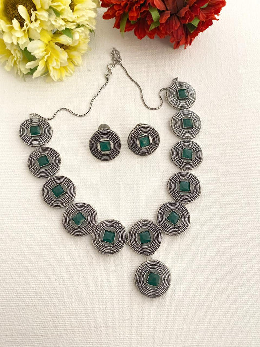 Oxidised Silver Plated Coin Shape Necklace Set By Gehna Shop Oxidised Necklace Set