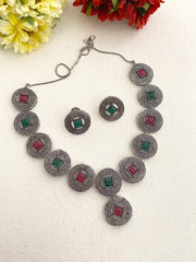 Oxidised Silver Plated Coin Shape Necklace Set By Gehna Shop Oxidised Necklace Set