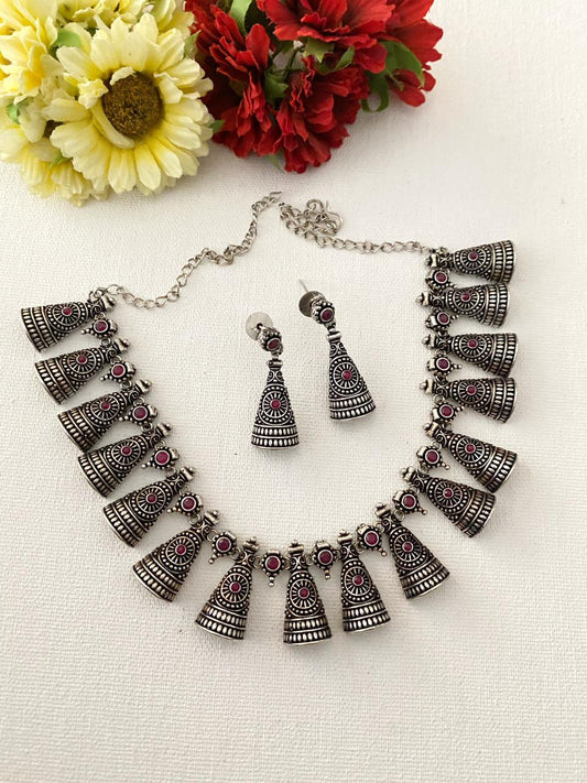 Oxidised Silver Plated Necklace Bell Shape Set By Gehna Shop Oxidised Necklace Set