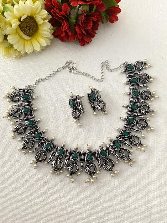 Oxidised Silver Plated Peacock Necklace Set By Gehna Shop Oxidised Necklace Set