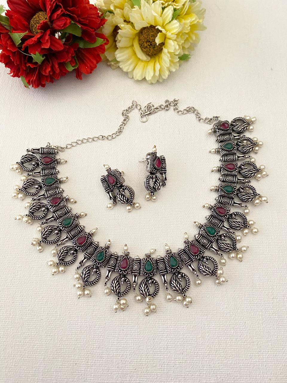 Oxidised Silver Plated Peacock Necklace Set By Gehna Shop Oxidised Necklace Set