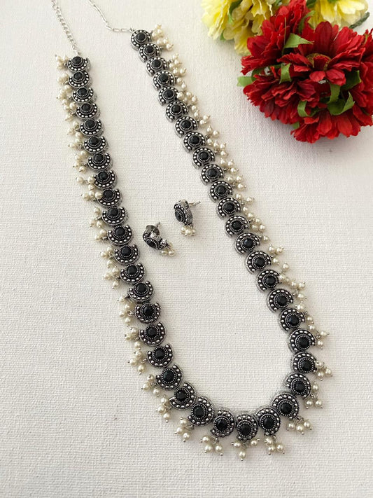 Oxidised Silver Toned Black Stone Studded Long Necklace Set By Gehna Shop Oxidied Earrings