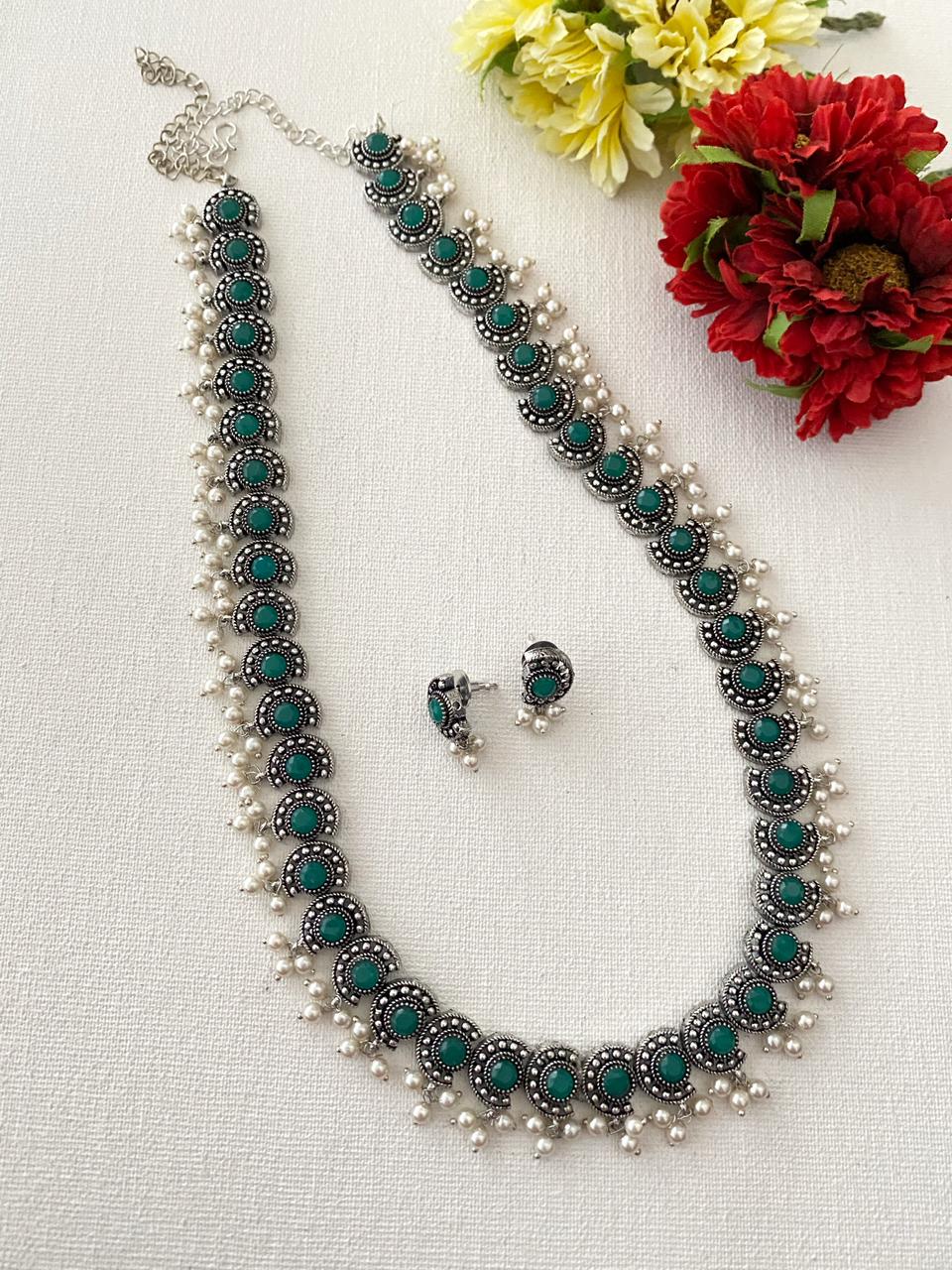 Oxidised Silver Toned Green Stone Studded Long Necklace Set By Gehna Shop Oxidised Necklace Set