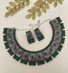 Oxidised Silver Toned Handcrafted Green Necklace Set For Ladies Oxidised Necklace Set