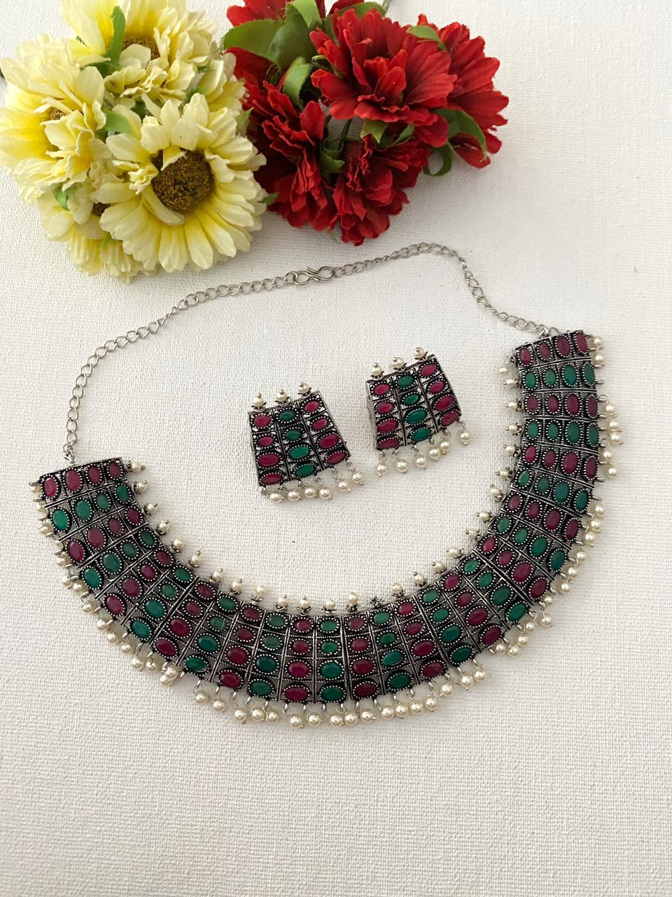 Oxidised Silver Toned Handcrafted Multi Color Necklace Set For Ladies Oxidised Necklace Set