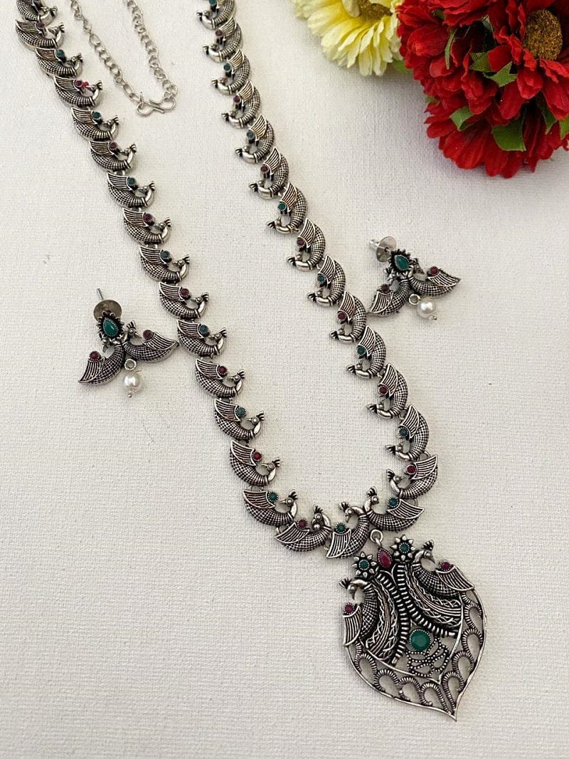 Oxidised Silver Toned Long Necklace Set For Ladies By Gehna Shop Oxidised Necklace Set