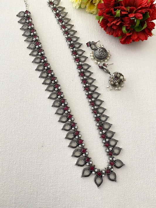 Oxidised Silver Toned Long Necklace Set For Ladies By Gehna Shop Oxidised Necklace Set