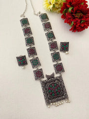 Oxidised Silver Toned Long Tribal Necklace Set By Gehna Shop Oxidised Necklace Set