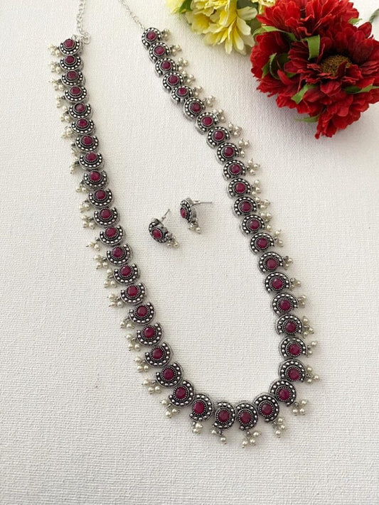 Oxidised Silver Toned Red Stone Studded Long Necklace Set By Gehna Shop Oxidised Earrings