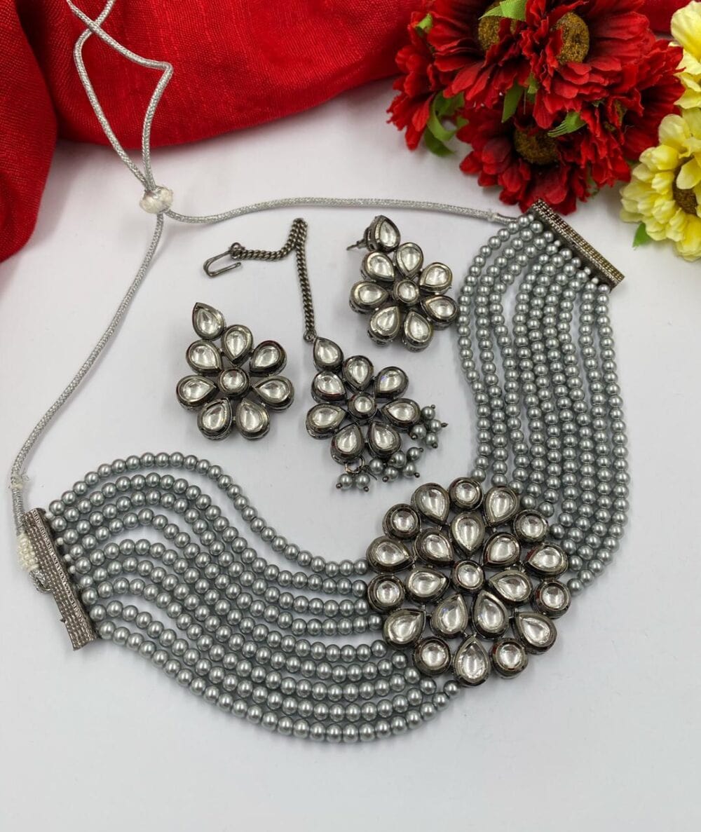 Oxidized Kundan Choker Necklace Set With Tikka Grey Pearls By Gehna Shop Choker Necklace Set