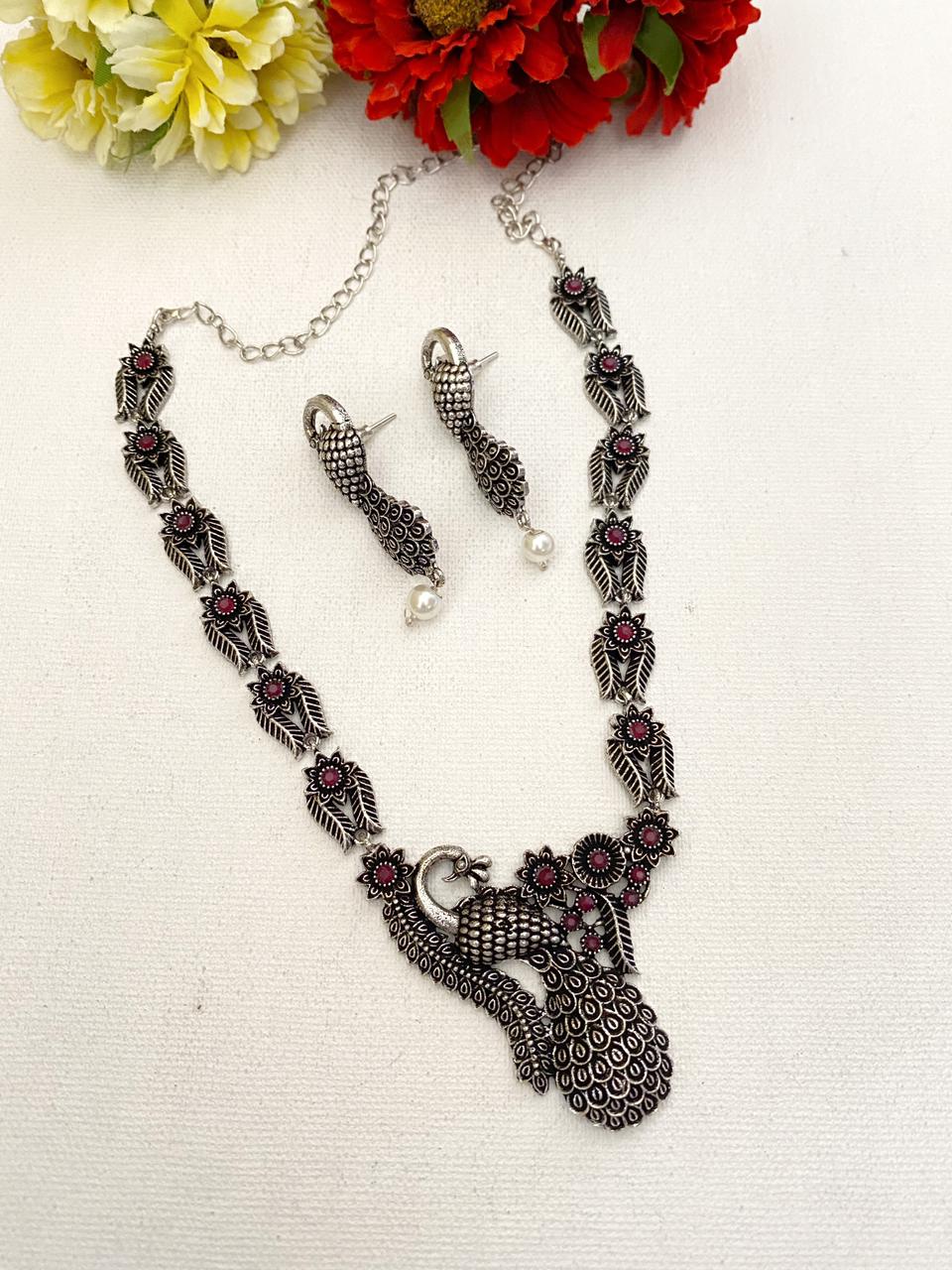 Oxidized Silver Plated Peacock Design Necklace Set By Gehna Shop Oxidised Necklace Set