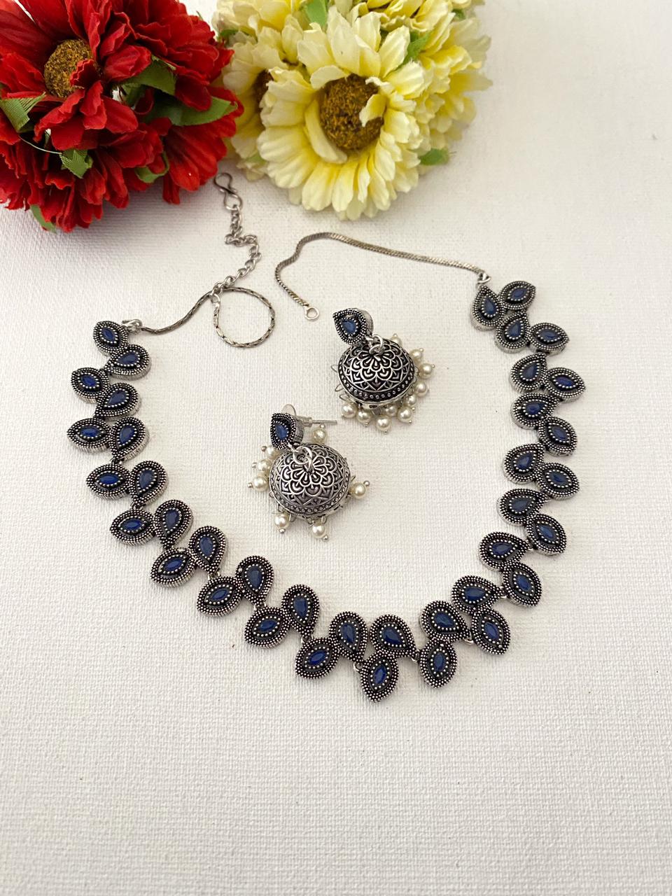 Oxidized Silver Toned Floral Handcrafted Necklace Set For Women Oxidised Necklace Set