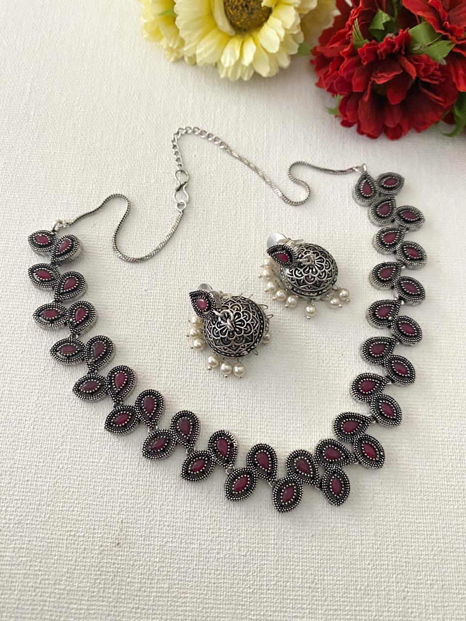 Oxidized Silver Toned Floral Handcrafted Necklace Set For Women Oxidised Necklace Set