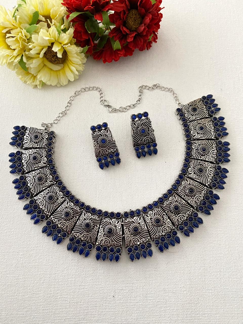 Oxidized Silver Toned Handcrafted Blue Necklace Set For Ladies Oxidised Necklace Set