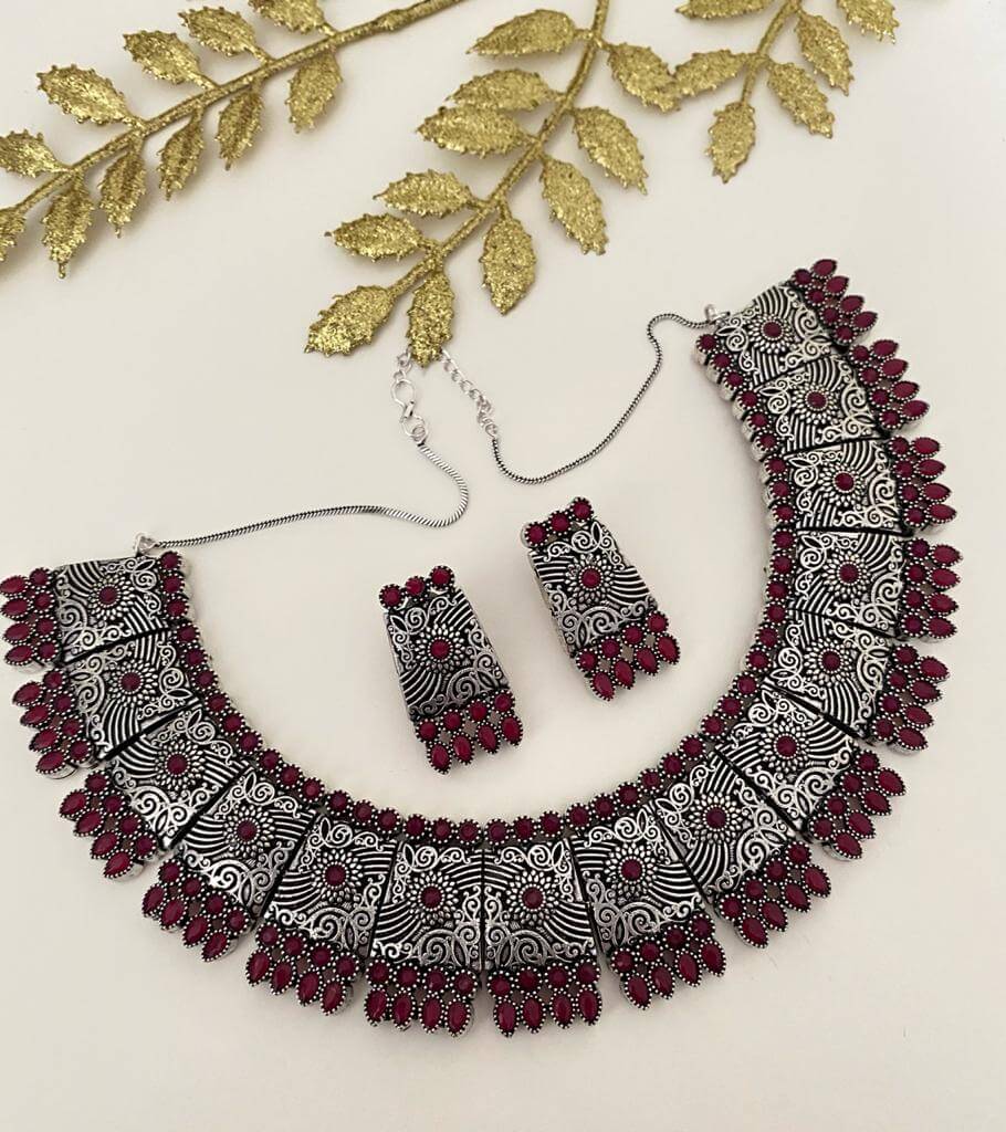 Oxidized Silver Toned Handcrafted Red Necklace Set For Ladies Oxidised Necklace Set