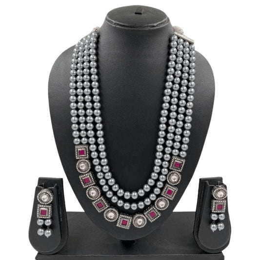 Oxidized Silver Toned Multi Layered Kundan And Pearls Necklace Set For Ladies Victorian Necklace Sets