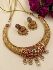 Pallavi Gold Plated Designer Antique Jewellery Hasli Necklace Set By Gehna Shop Choker Necklace Set