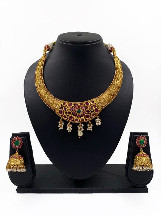 Pallavi Gold Plated Designer Antique Jewellery Hasli Necklace Set By Gehna Shop Choker Necklace Set