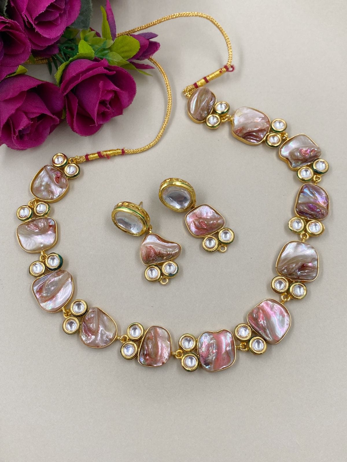 Pastel Pink Mother Of Pearl And Kundan Statement Necklace For Women Kundan Necklace Sets
