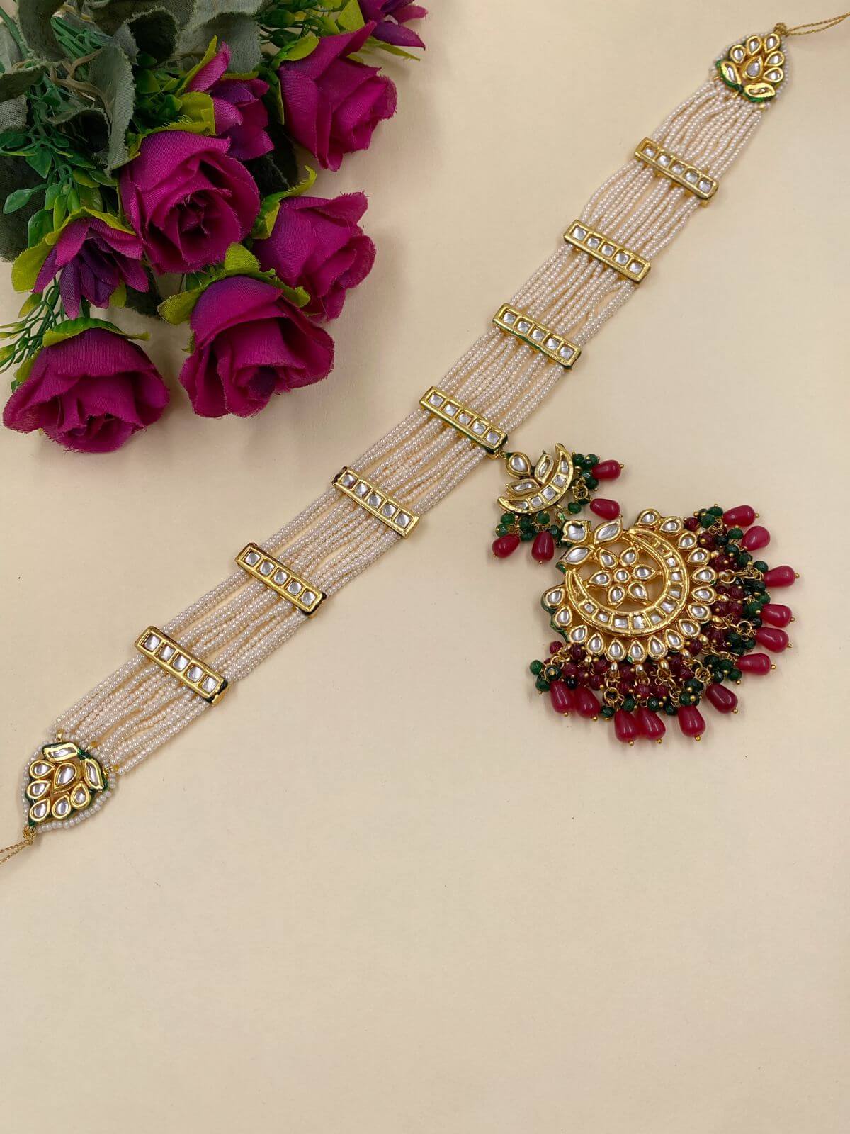 Rajasthani Kundan Pearl Bridal Sheeshpatti/ Sheeshphool With Tikka By Gehna Shop Matha Patti