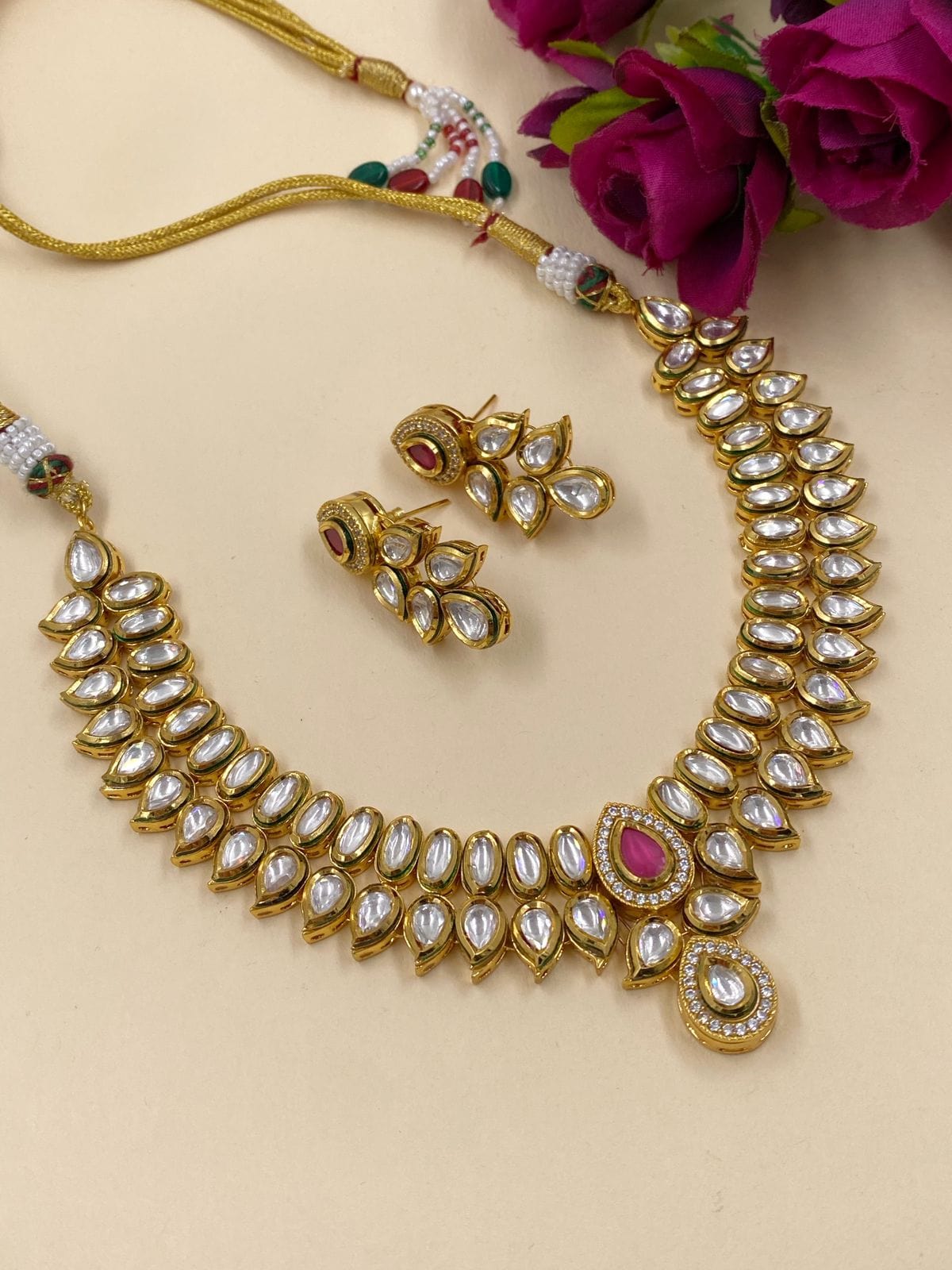 Ravina Gold Plated Ladies Kundan Necklace Set By Gehna Shop Ruby Pink