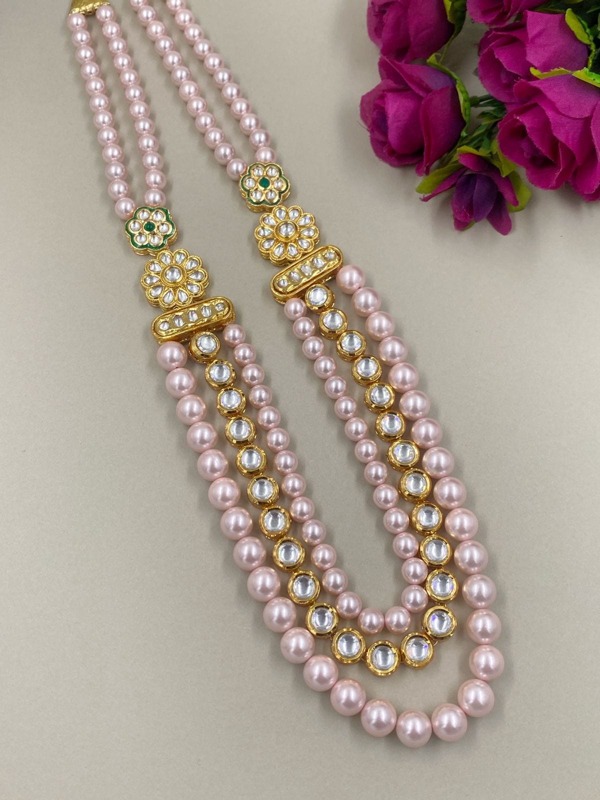 Real Rose Pink Shell Pearls And Kundan Beads Mala Necklace For Men And Women Beads Jewellery