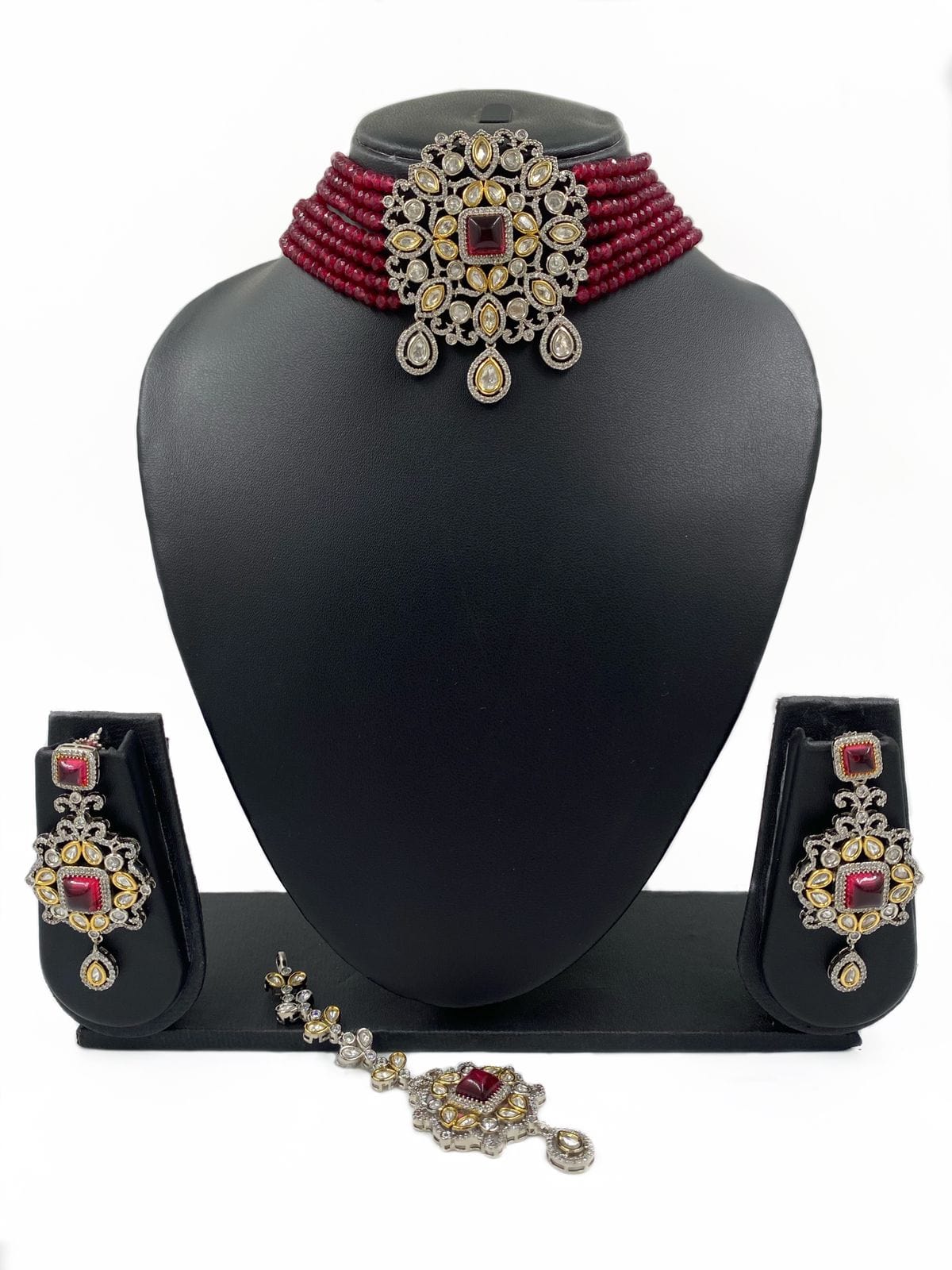 Red AD Choker Necklace Set With Maang Tikka For Weddings By Gehna Shop Victorian Necklace Sets
