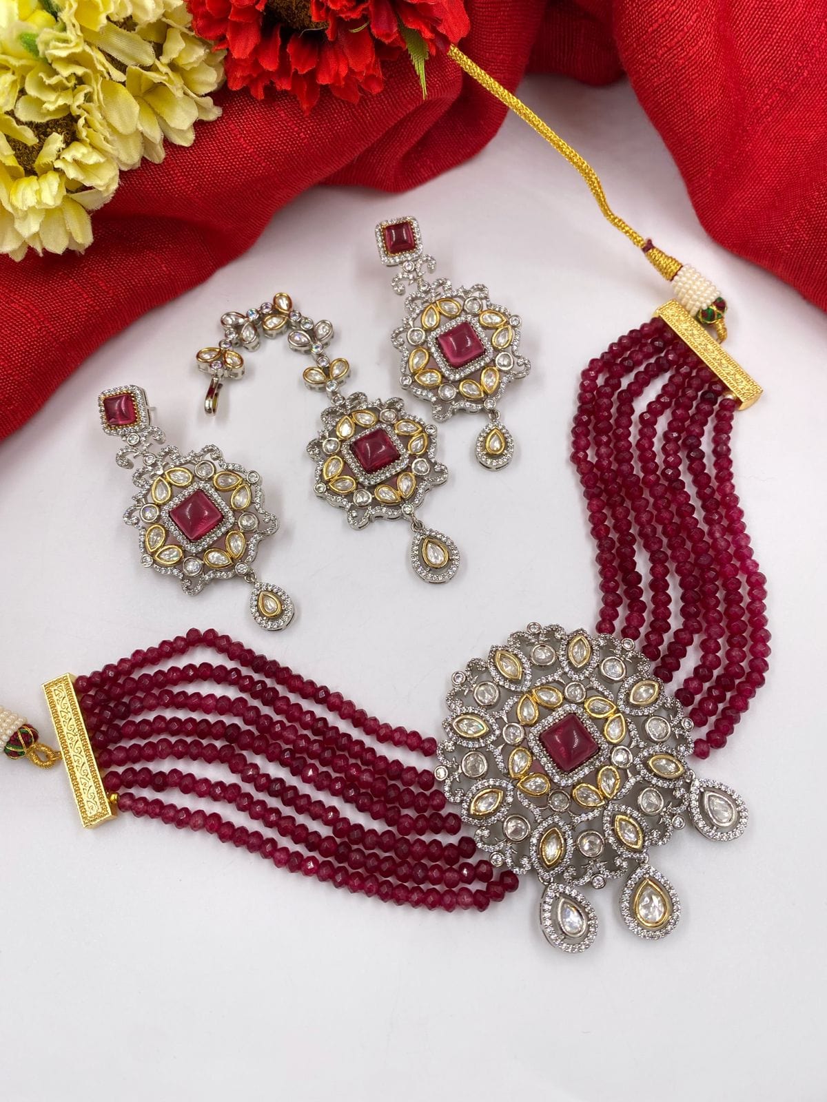 Red AD Choker Necklace Set With Maang Tikka For Weddings By Gehna Shop Victorian Necklace Sets