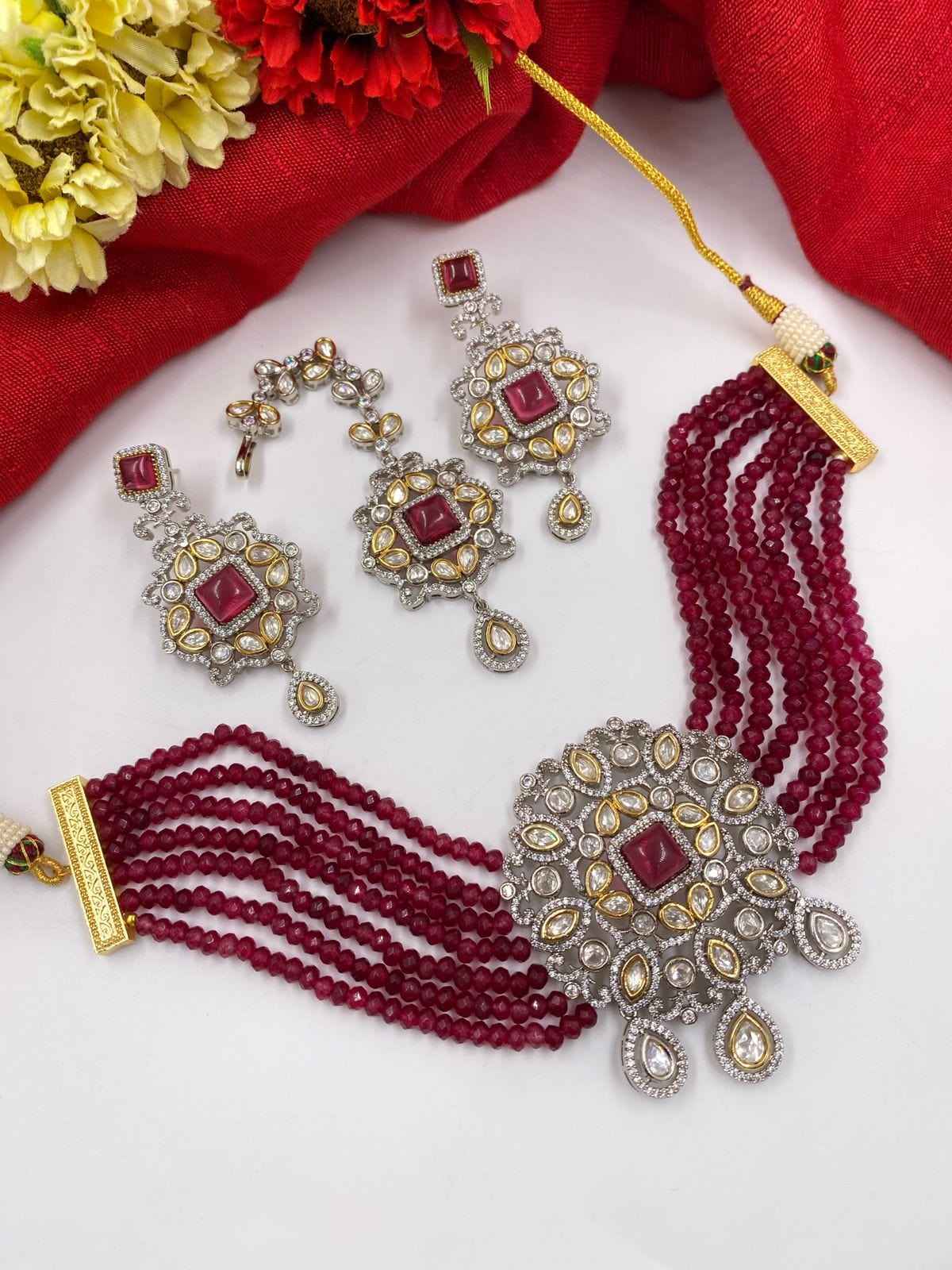 Red AD Choker Necklace Set With Maang Tikka For Weddings By Gehna Shop