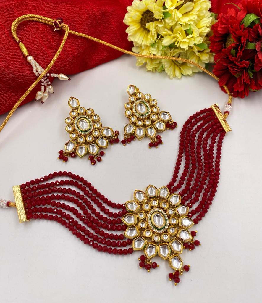 Red Gold Toned Kundan Beaded Choker Necklace Set Choker Necklace Set