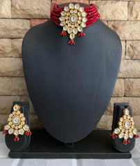 Red Gold Toned Kundan Beaded Choker Necklace Set Choker Necklace Set
