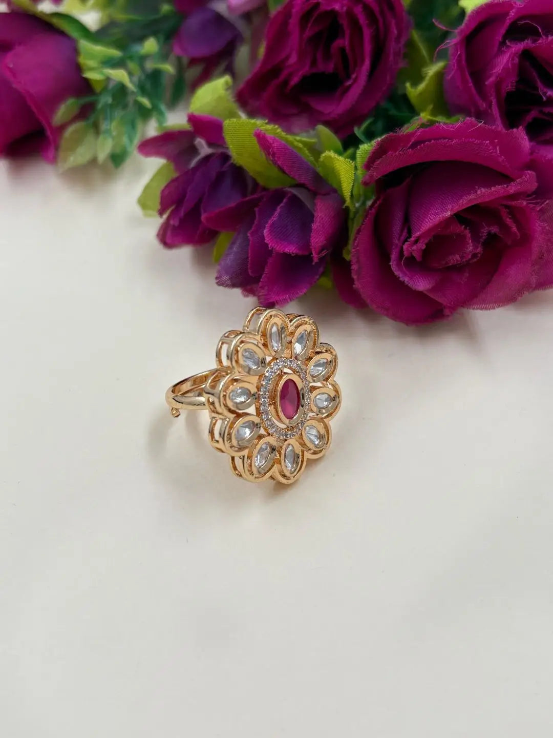 Elegant Rose Gold Plated Polki Kundan Adjustable Ring For Women