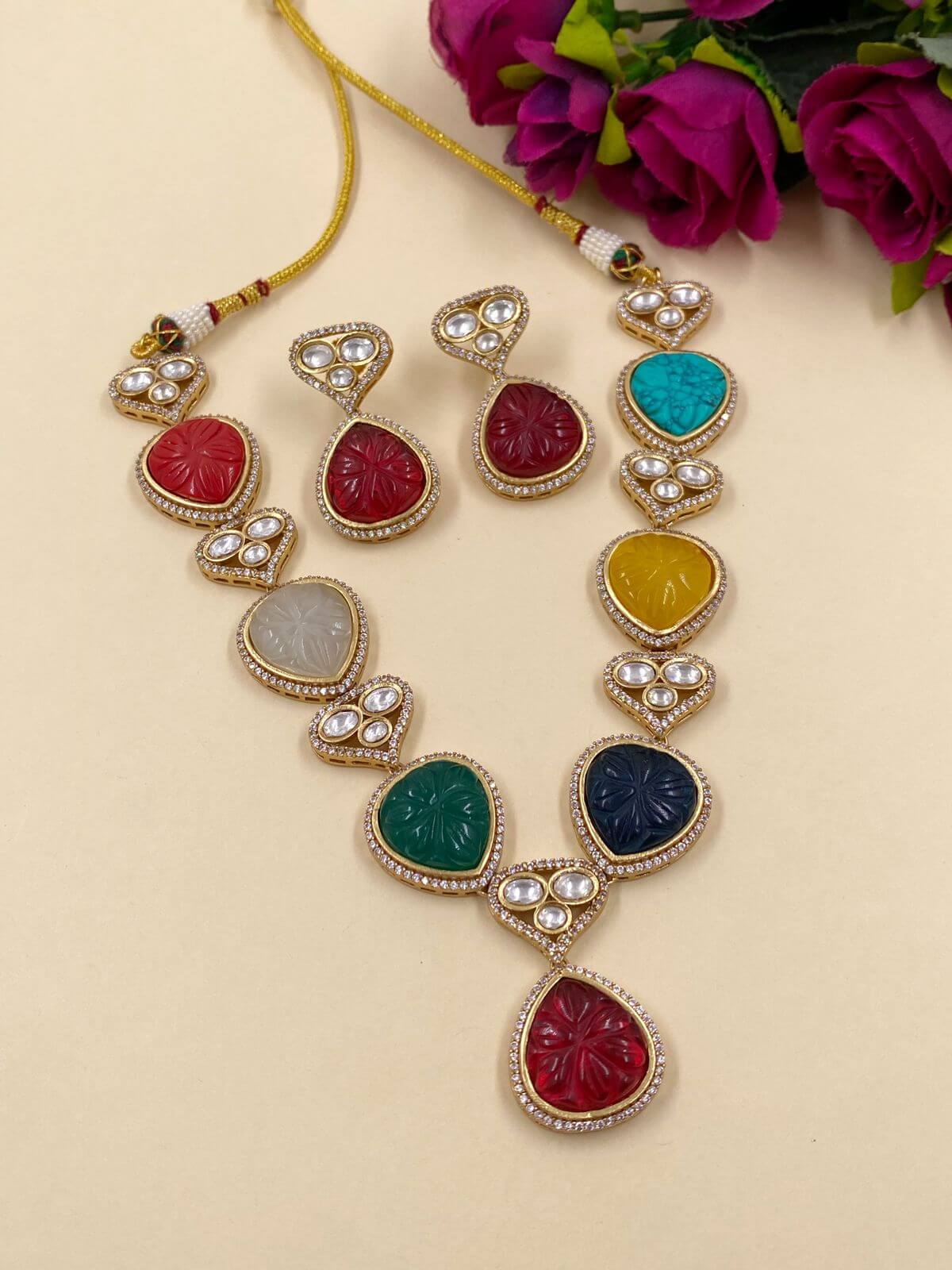 Elegant Multi Color Stones Kundan Necklace Set Indo Western Necklace Set For Women Multicolor