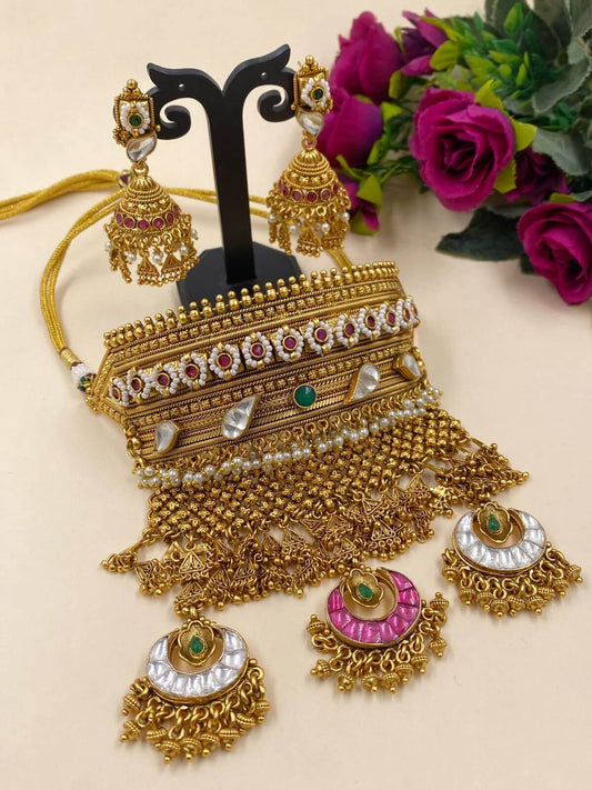 Royal Rajputana Heavy Antique Gold Choker Necklace Set For Weddings By Gehna Shop Bridal Necklace Sets