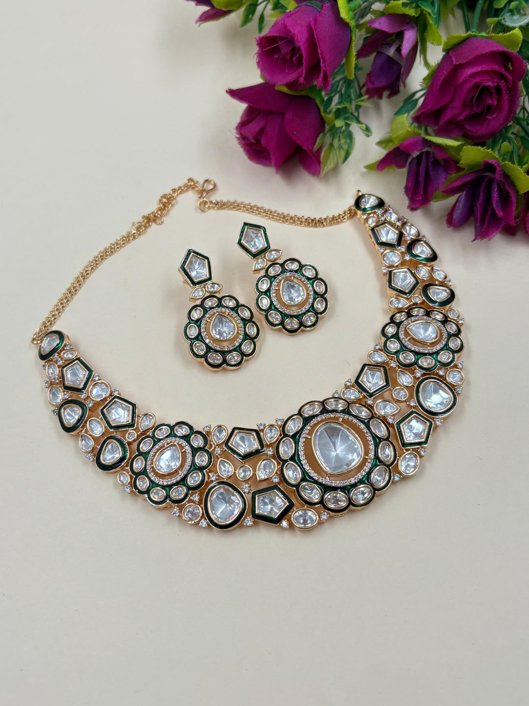 Designer Polki Kundan Necklace Set With Green Enamel - Wedding And Party Wear Necklace Set 