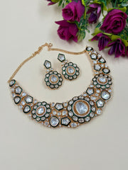 Designer Polki Kundan Necklace Set With Green Enamel - Wedding And Party Wear Necklace Set 