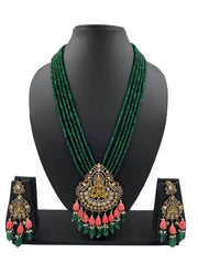 Antique Victorian Lord Ganpati Temple Jewellery Necklace Set With Layered green jade Beads  