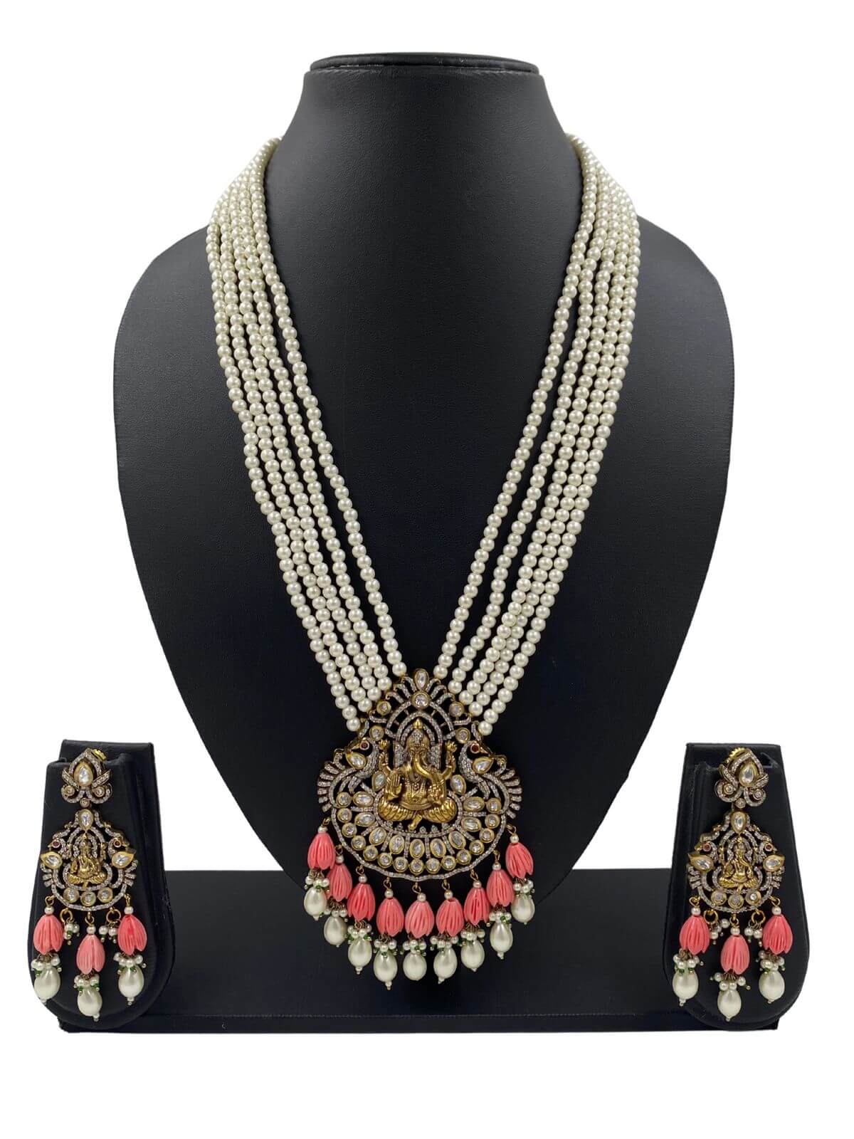 Antique Victorian Lord Ganpati Temple Jewellery Necklace Set With Layered Beads White