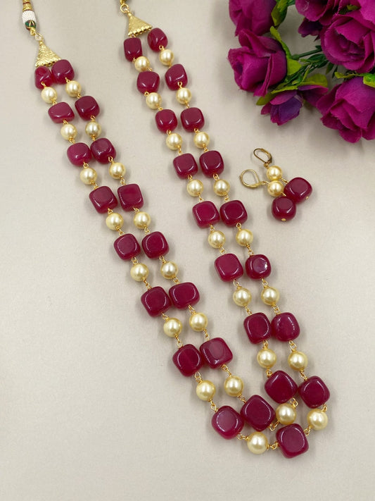 Semi Precious Double Layered Red Jade Beaded Necklace By Gehna Shop Beads Jewellery