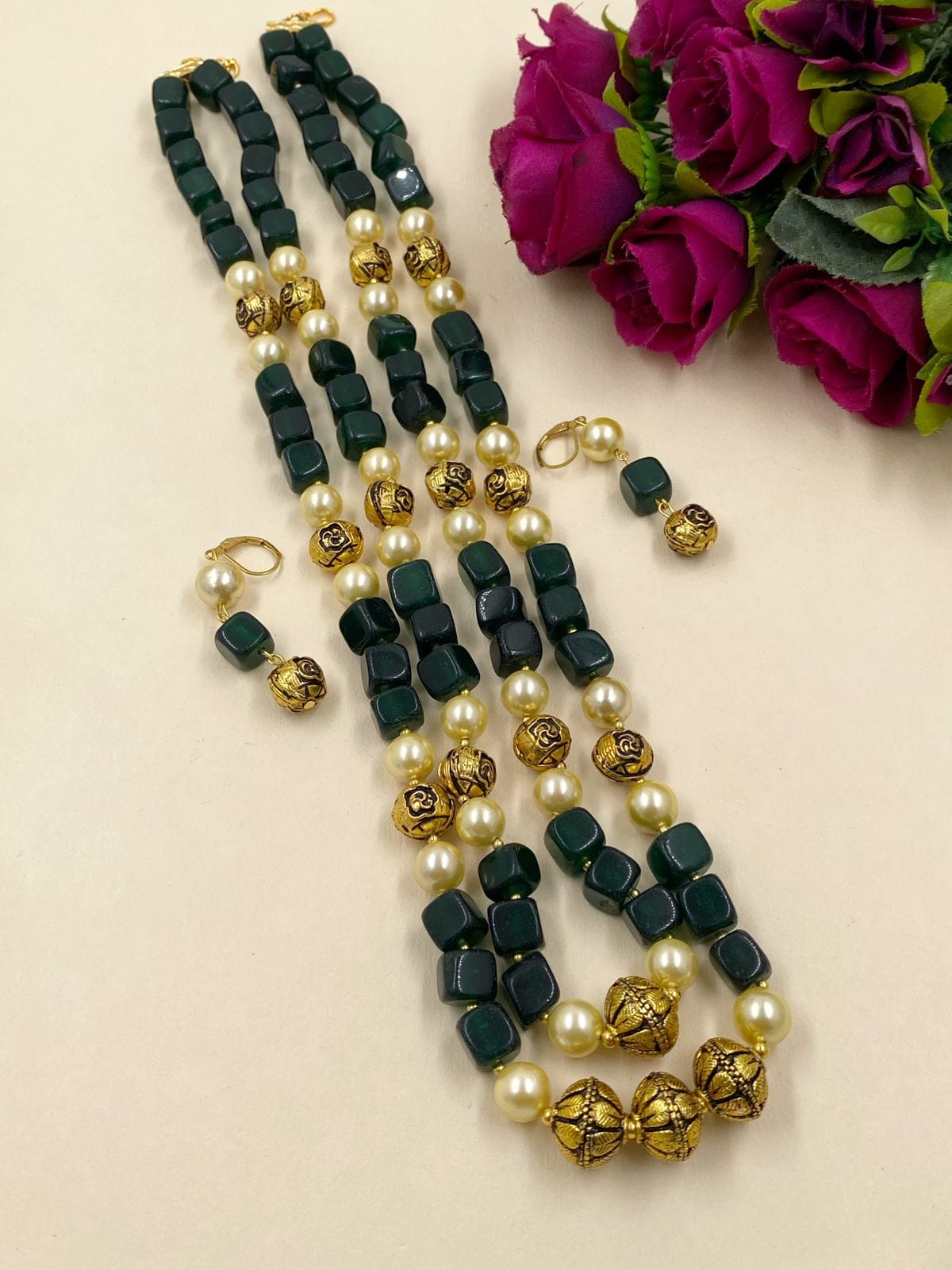 Semi Precious Gemstone Layered Green Jade And Antique Beads Necklace By Gehna Shop Beads Jewellery