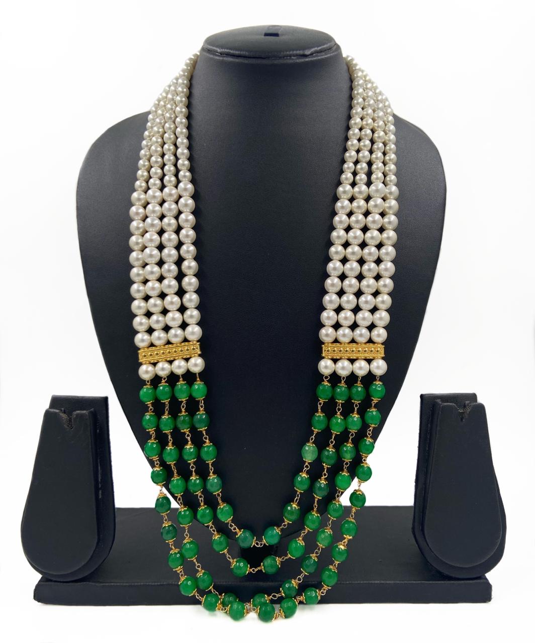 Semi Precious Green Jade And Pearls Multilayered Grooms Necklace For Men Beads Jewellery