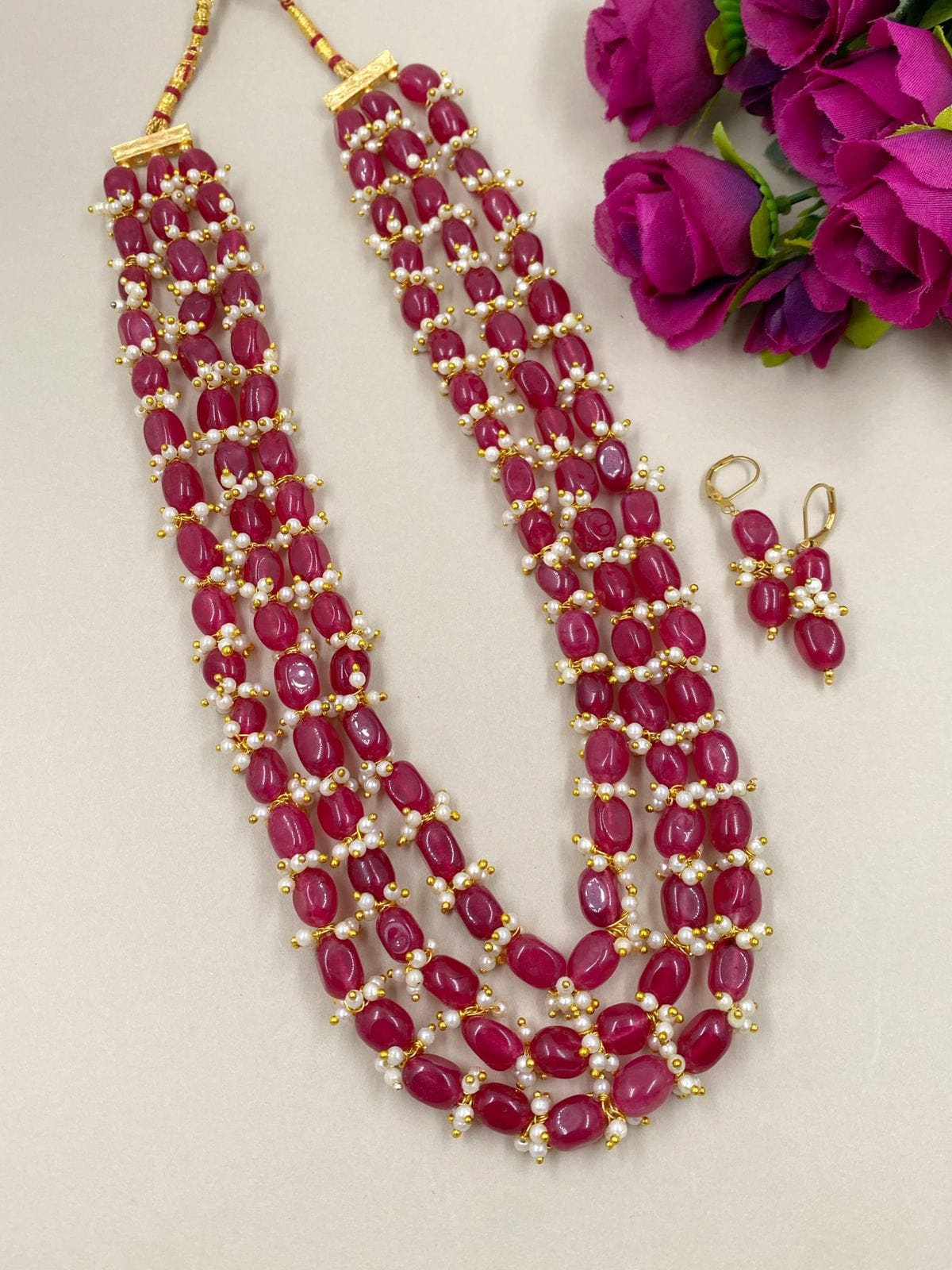 Semi Precious Layered Maroon Jade And Pearls Beads Necklace By Gehna Shop Beads Jewellery