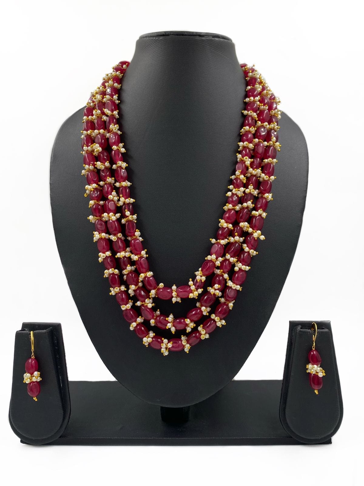 Semi Precious Layered Maroon Jade And Pearls Beads Necklace By Gehna Shop Beads Jewellery