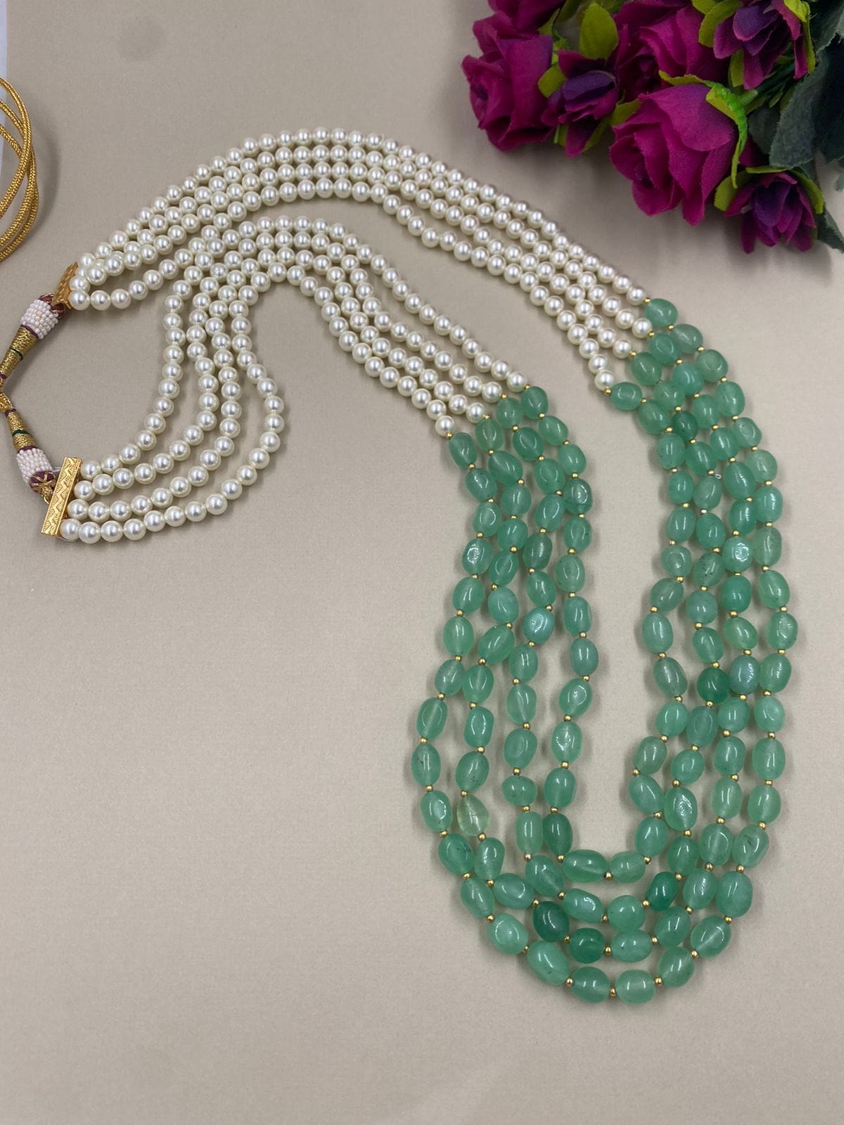 Semi Precious Layered Mint Green Jade And Real Shell Pearl Beads Sherwani Mala For Men Beads Jewellery