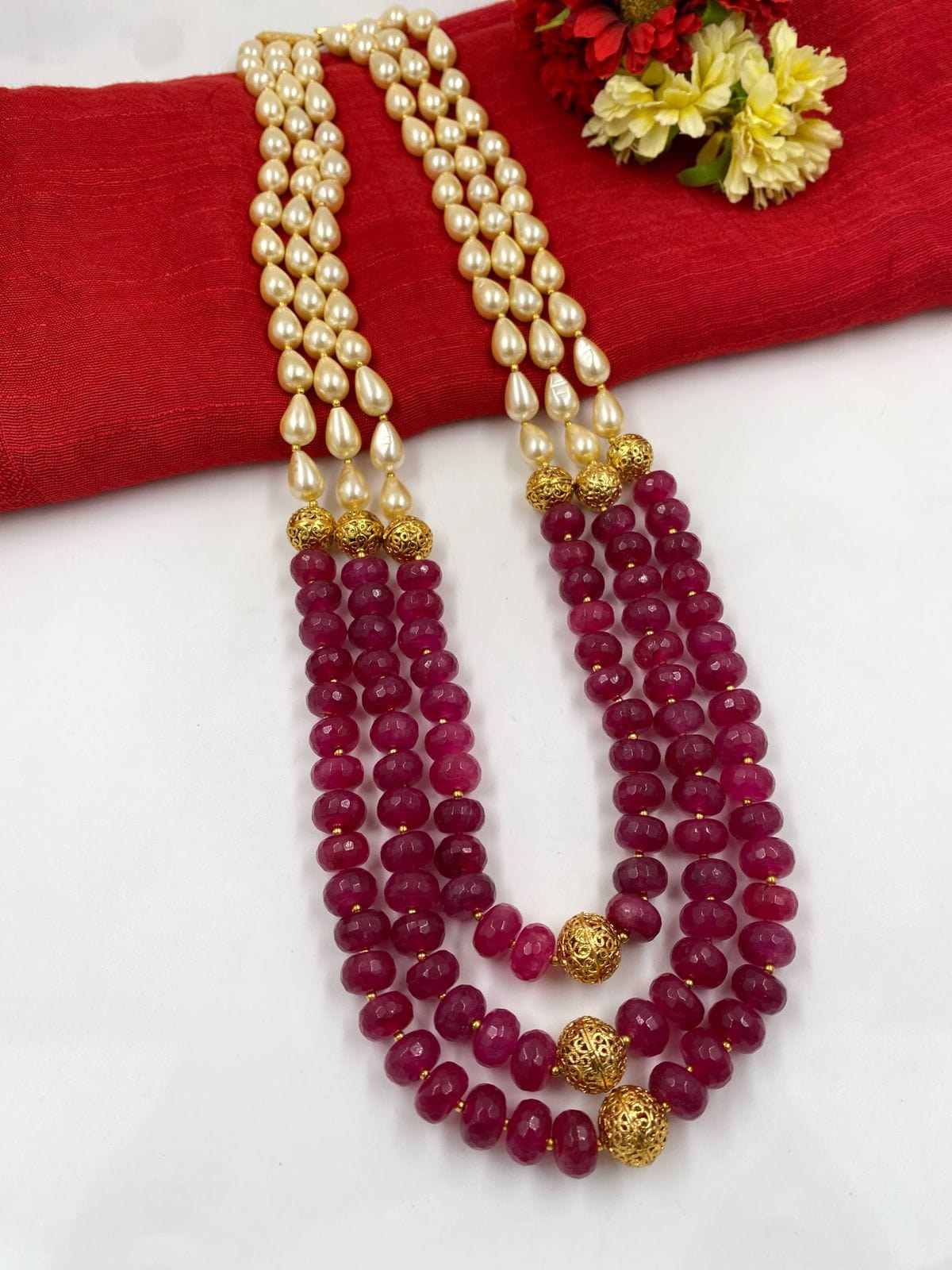 Semi Precious Long Ruby Quartz And Shell Pearl Beads Necklace For Men And Women Beads Jewellery