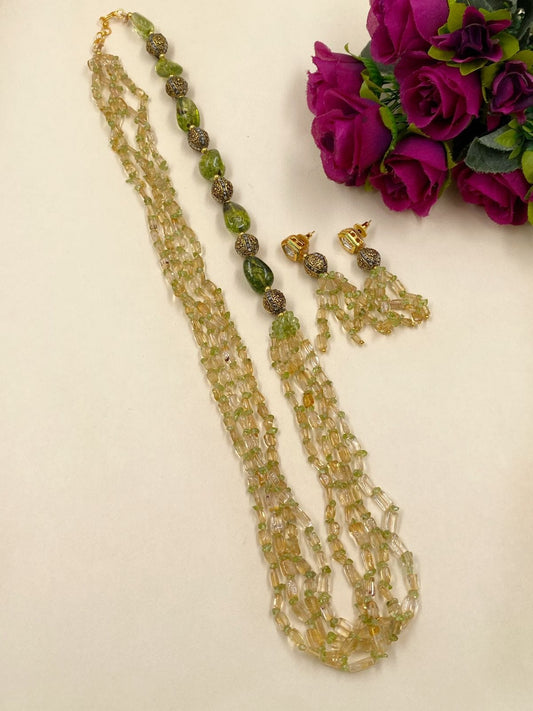 Semi Precious Long Yellow Citrine And Peridot Beads Necklace For Women Beads Jewellery