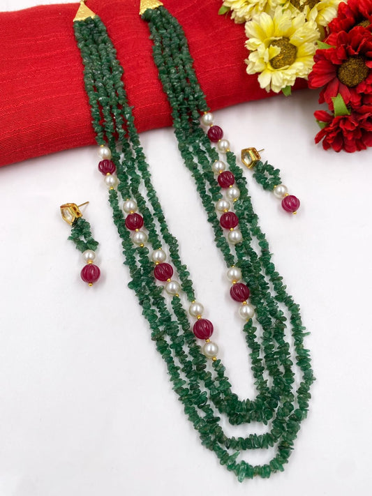 Semi Precious Multilayered Long Green Jade Uncut Beads Necklace For Women Beads Jewellery