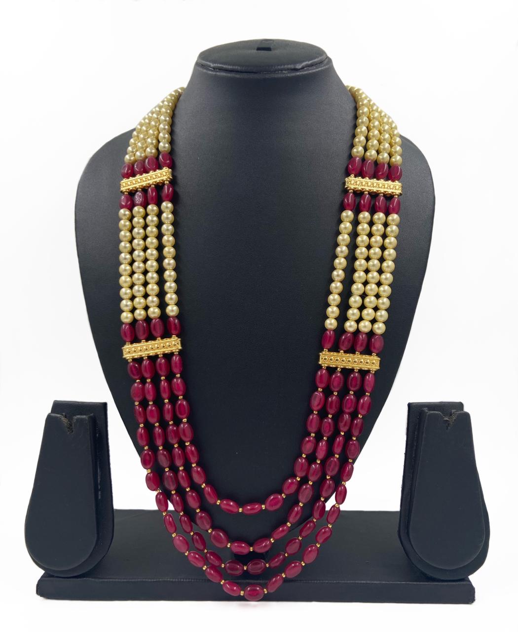 Semi Precious Red Jade And Pearls Multilayered Grooms Necklace For Men Beads Jewellery