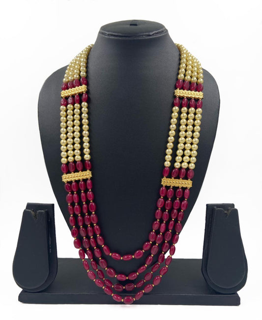 Semi Precious Red Jade And Pearls Multilayered Grooms Necklace For Men Beads Jewellery